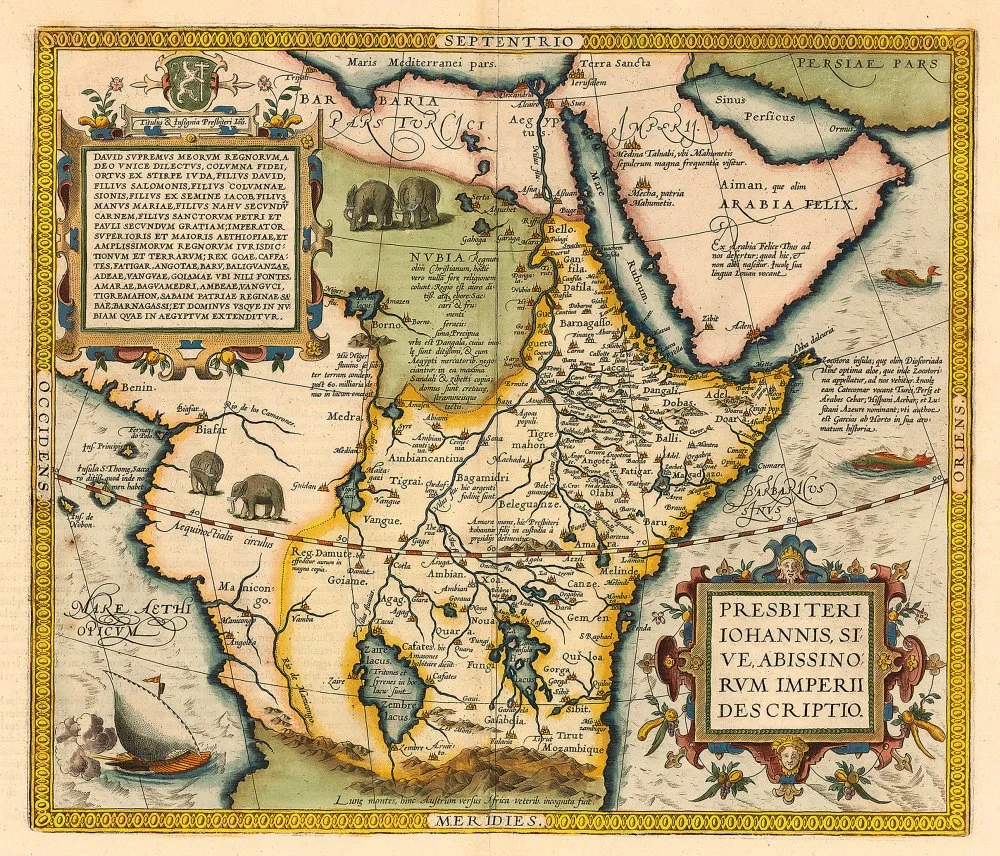 A map of Prester John's kingdom as Ethiopia. Ortelius' Atlas/Wik