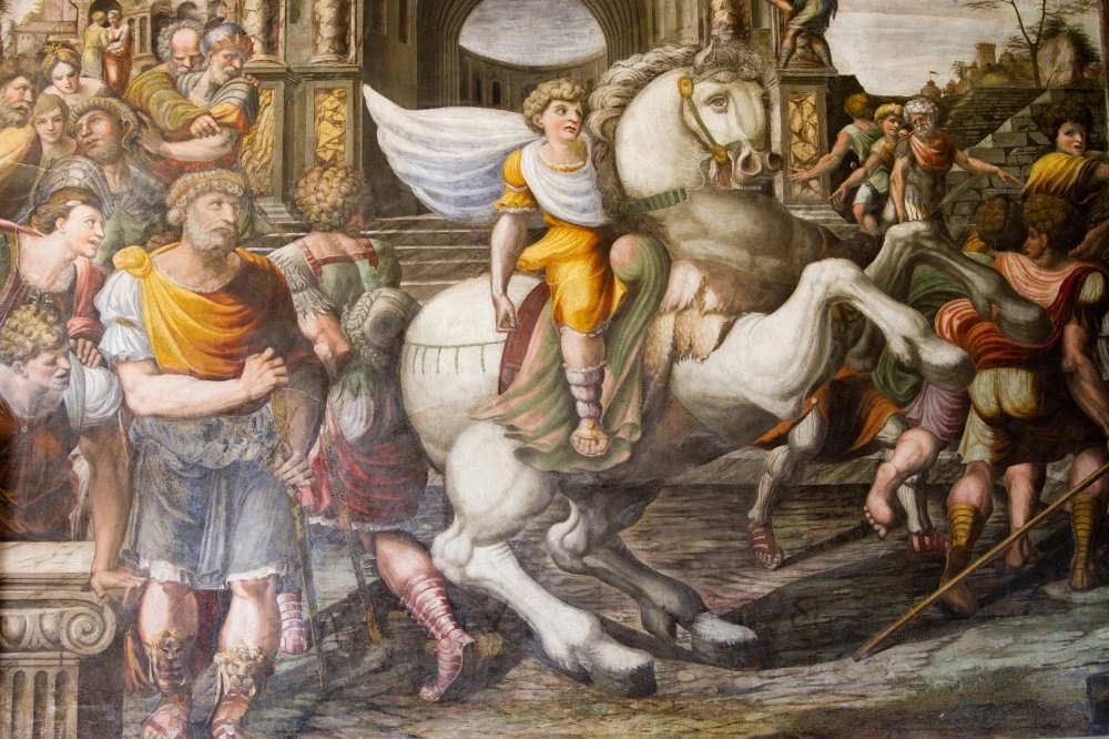Alexander taming Bucephalus. The fresco. Villa Farnesina. Rome. 1477-1549/Alamy