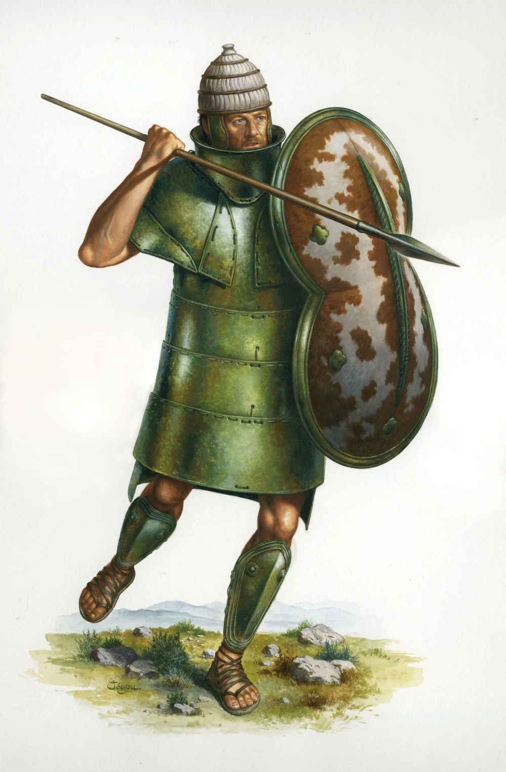 Illustration Of Mycenaean Warrior Dressed In Armour Made Of Bronze Plates Joined By Leather Straps. The Mycenaean Was The Ancient Greek Civilisation From 1600 To 1100 BC/Alamy