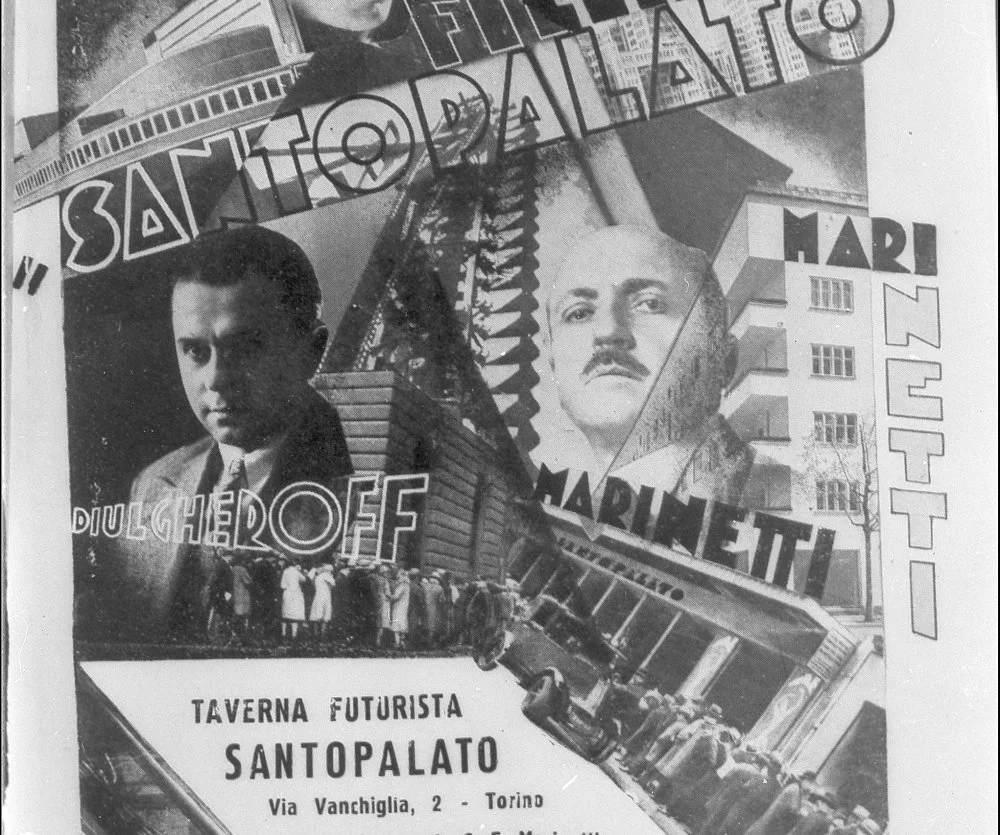 Poster for Cucina Futurista. Fillia/Marinetti/ Santopalato. Taverna futurista Santopalato. Torino. Via Vanchiglia 2. 1930/public domain