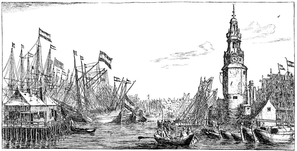 Illustration of the herring fishing fleet in the harbor of Amsterdam, 16th century/Alamy