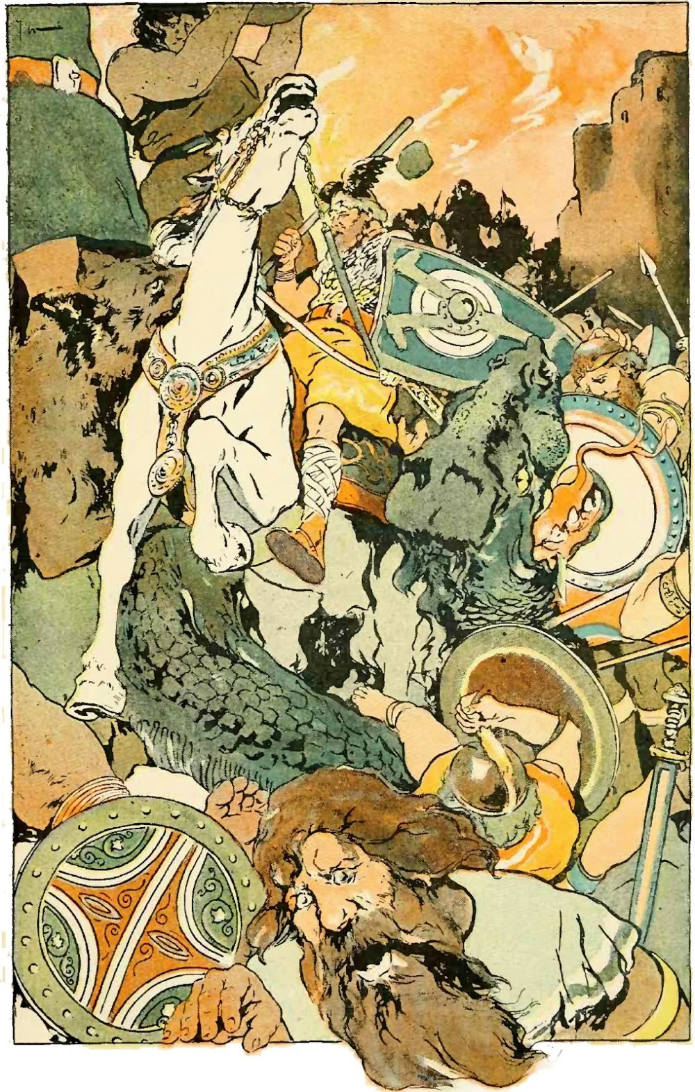 Then the awful fight began by George Wright Published in 1908 Mabie, Hamilton Wright. 1908. Norse Stories Retold from the Eddas. Dodd, Mead and Company, New York/Wikimedia Commons  