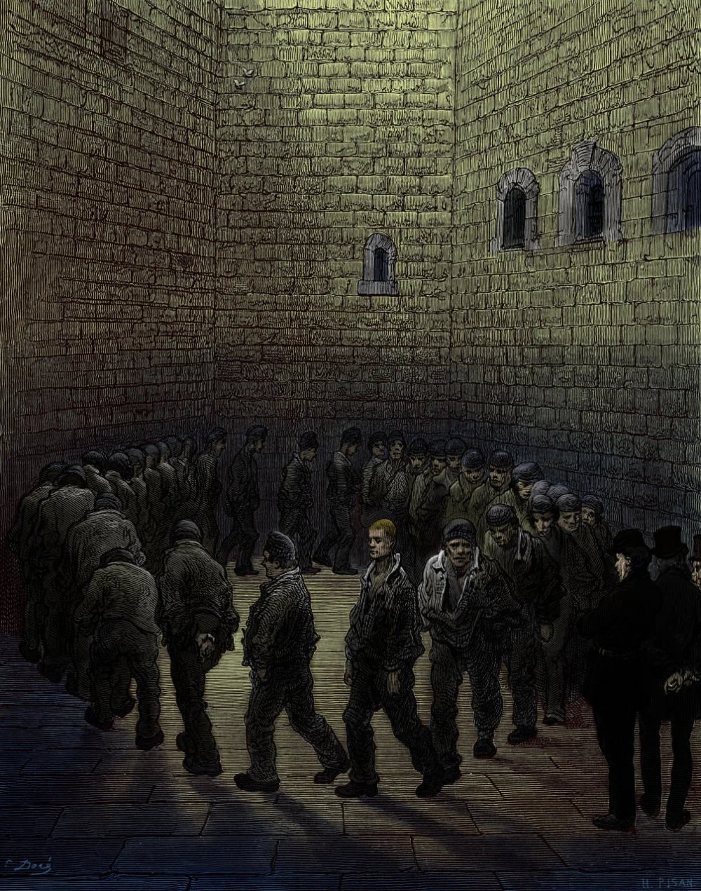 Engraving by Gustave Doré (coloured version), from «London, a Pilgrimage»‎.  Victorian London, Newgate  prison. Prisoners in the exercise yard/Alamy