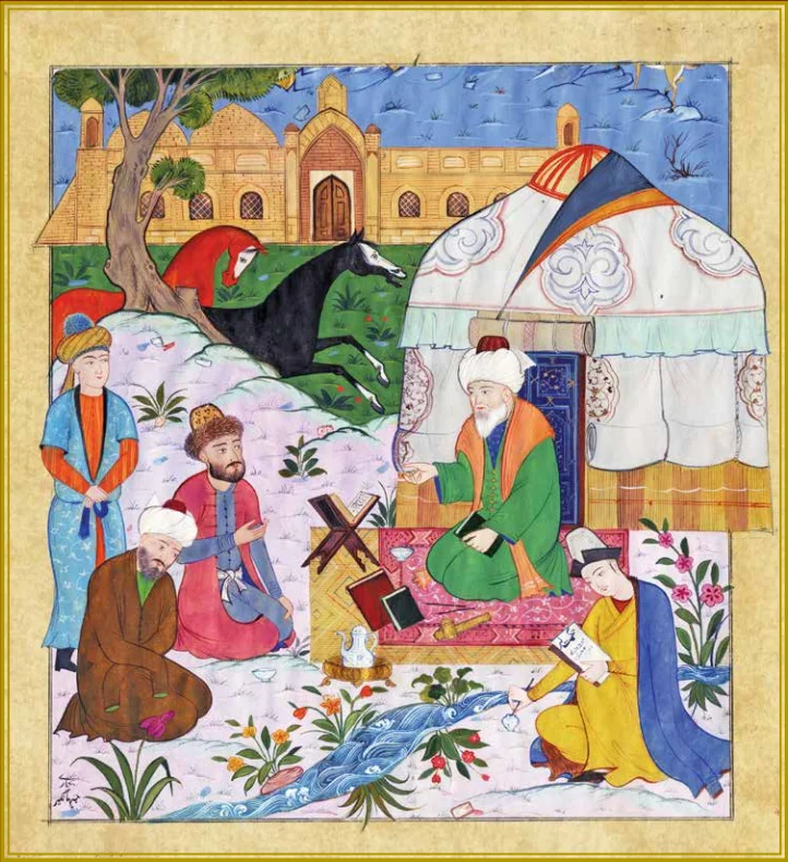 Sufi and disciples, a modern illustration stylised from a medieval miniature painting/Wikimedia Commons