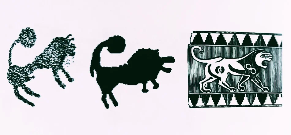 Comparison table. From left to right 1. Lion, Gabaevka. 2. Lion, Zhyngylshyk. 3. Lion, carpet from Pazyryk. /Olga Gumirova