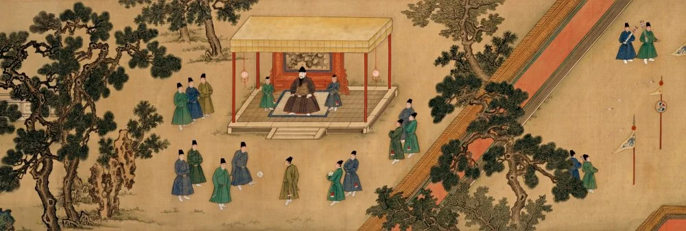 ‘The emperor watches a version of football keepy-uppy among the beardless palace eunuchs…’ A detail from Amusements in the Xuande Emperor’s Palace, 1426-35 © Palace Museum, Beijing