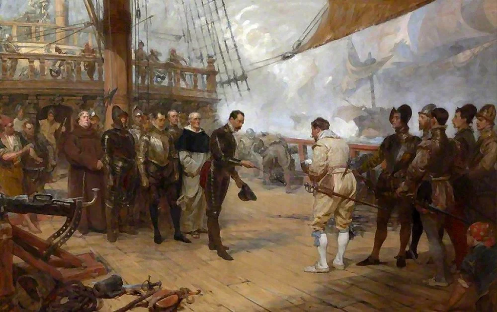 John Seymour Lucas. Valdés surrenders to Francis Drake aboard Revenge. The event took place in 1588. 1889/Wikimedia commons