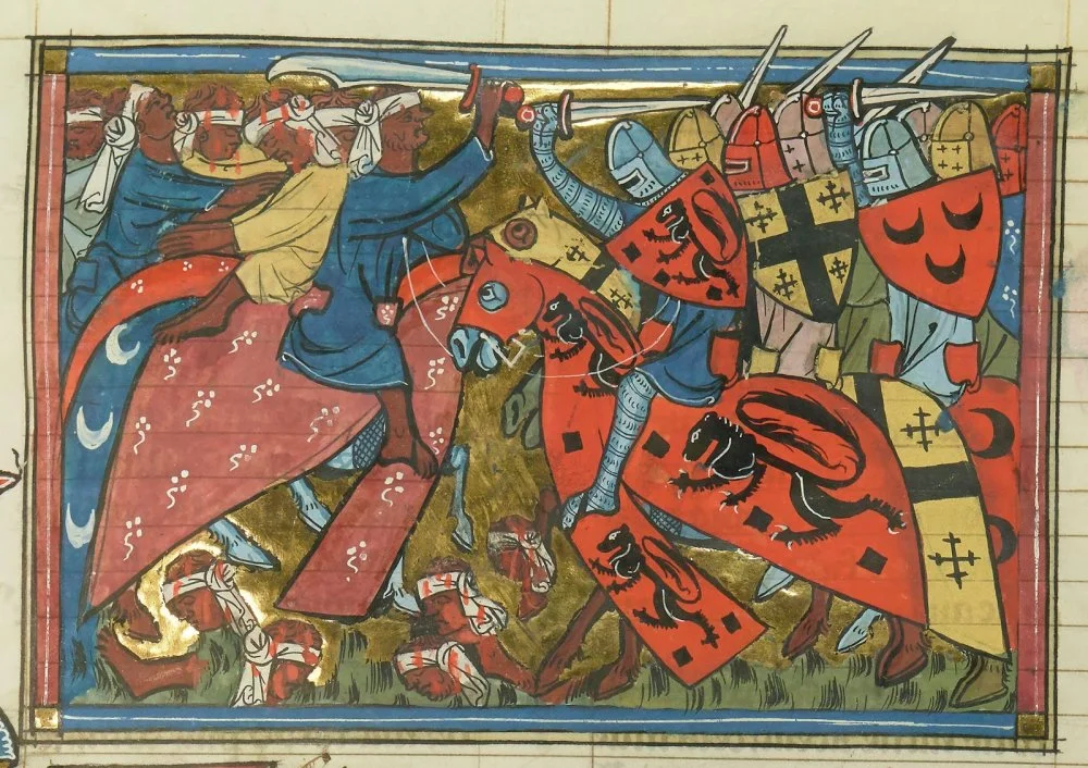 Сражение Второго крестового похода: Людовик VII и Балдуин III Иерусалимский против сарацин. Миниатюра из «Заморской истории» Гийома Тирского. Франция, 14 век / Bibliothèque nationale de France, Département des Manuscrits, Français 22495, fol. 154v / Public Domain