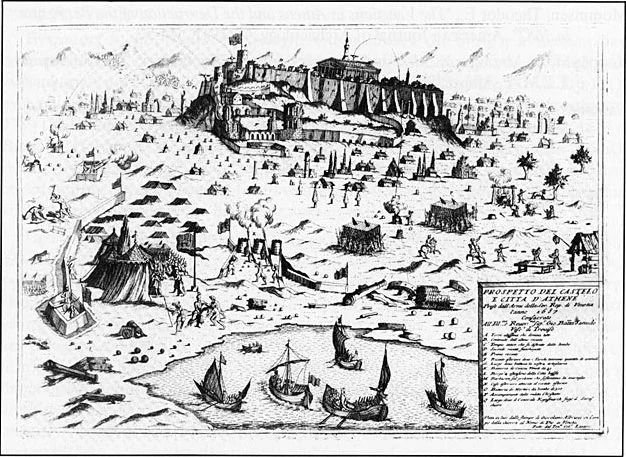 Түрік-венеция соғысы кезіндегі Афина Акропольінің венециялық қоршауының бейнесі. 1687 жыл/Wikimedia Commons
