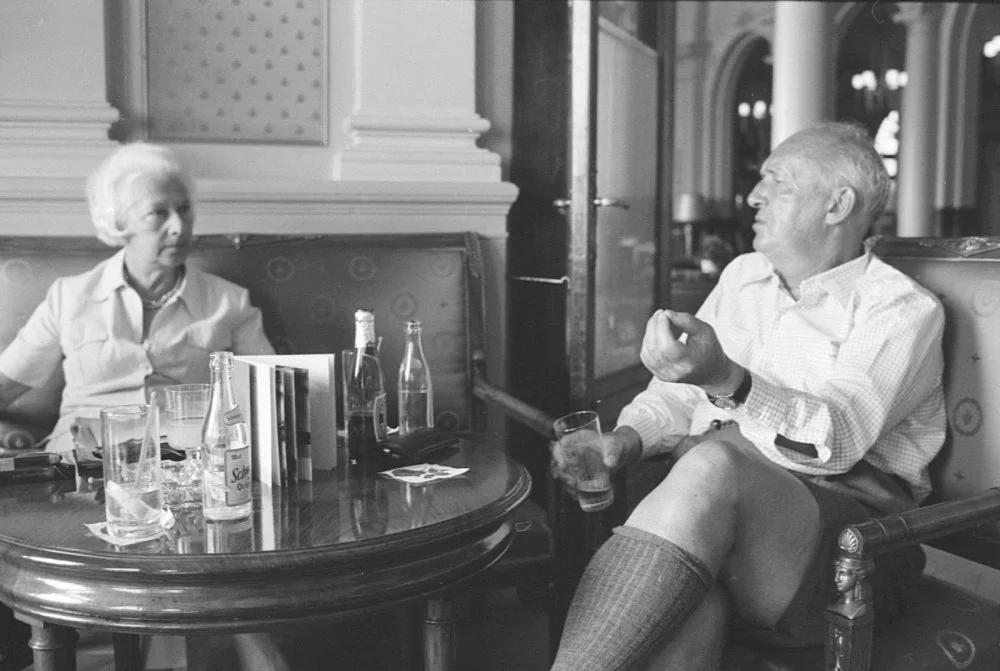 Vladimir Nabokov sitting and talking in a room of Montreux Palace Hotel, where he is staying. Next to him is his wife Vera Nabokovа (Vera Evseevna Slonim), a Russian translator. Montreux (Switzerland), 1973/Walter Mori/Getty Images