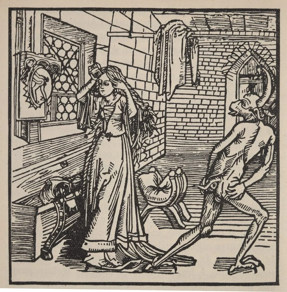 Albrecht Durer. The Demon of Vanity and the Coquette. 1498/Alamy