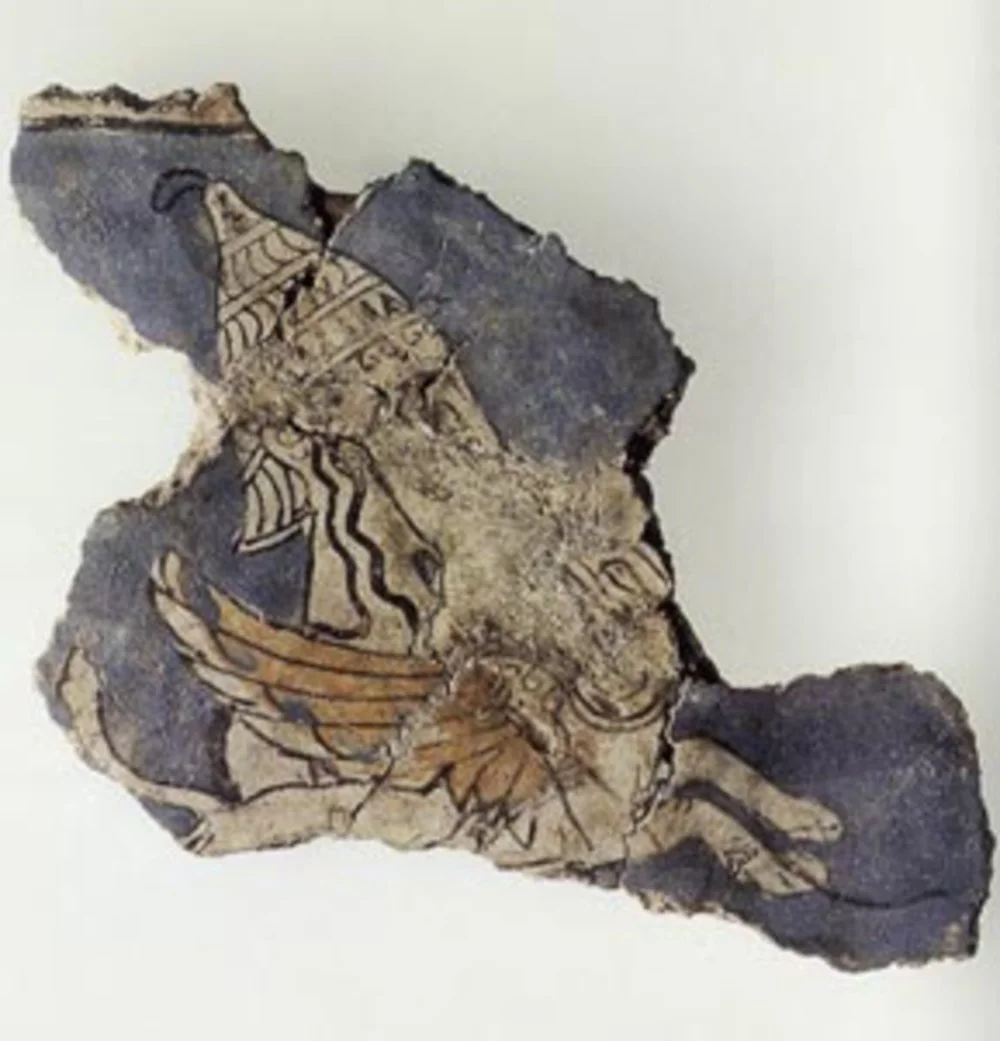 Fragment Of A 13th Century B.C. Mural From Orchomenos Depicting Warrior Goddess, In The Cult Centre Of Mycenae In Boar Tusk Helmet With A Griffin/Alamy