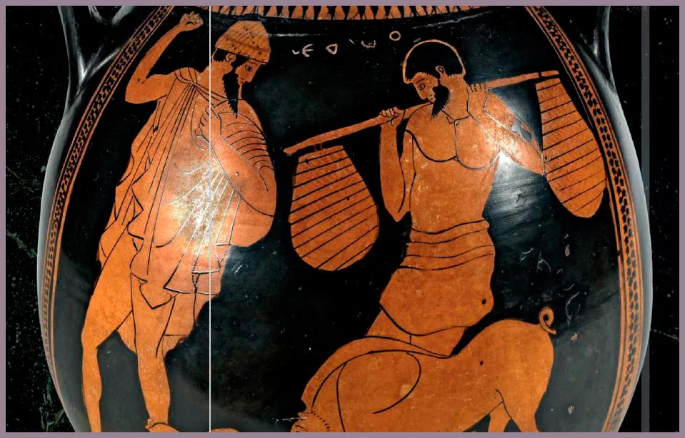 Red-figure vase painting depicting Odysseus wearing a helmet made from boar's tusks, visiting Eumaeus/Wikimedia Commons.