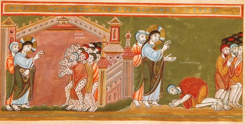 Jésus guérissant dix lépreux. Codex Aureus Epternacensis (vers 1035-1040)/Wikimedia commons