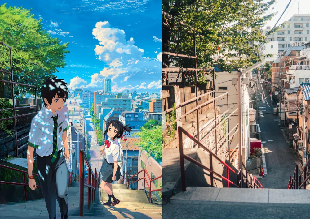 A comparison of a frame from the anime "Your name" and the real place in Tokyo/ Alamy