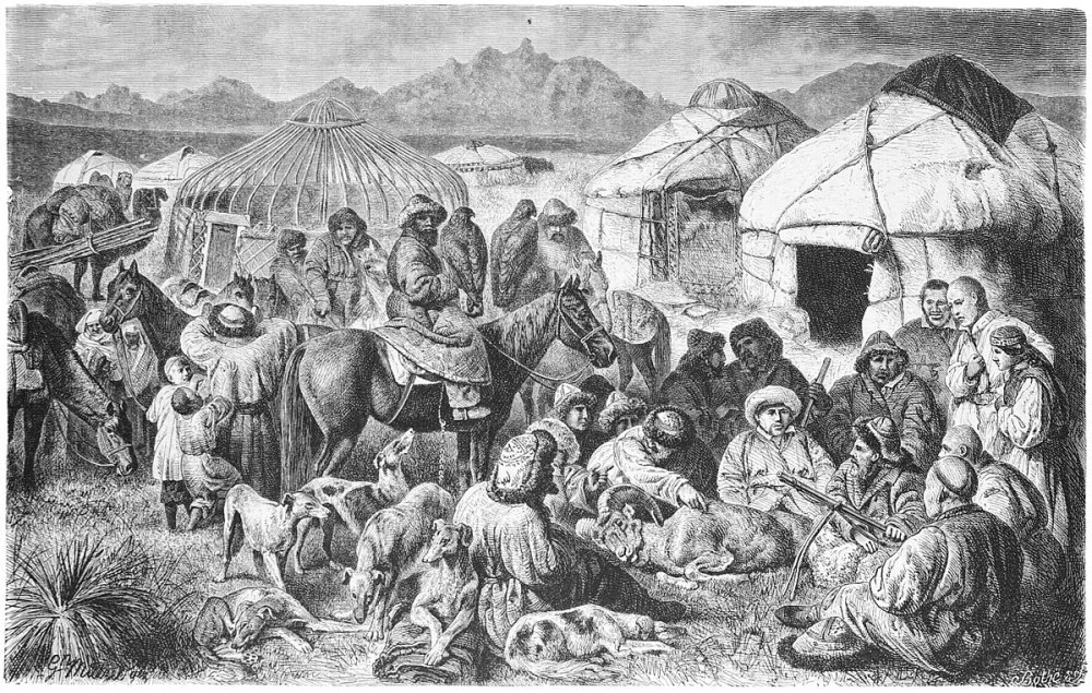 Gustav Mützel (German painter, 1839-1893). Yurt camp in the Kyrgyz steppe. Woodcut engraving. 1877/Wikimedia Commons