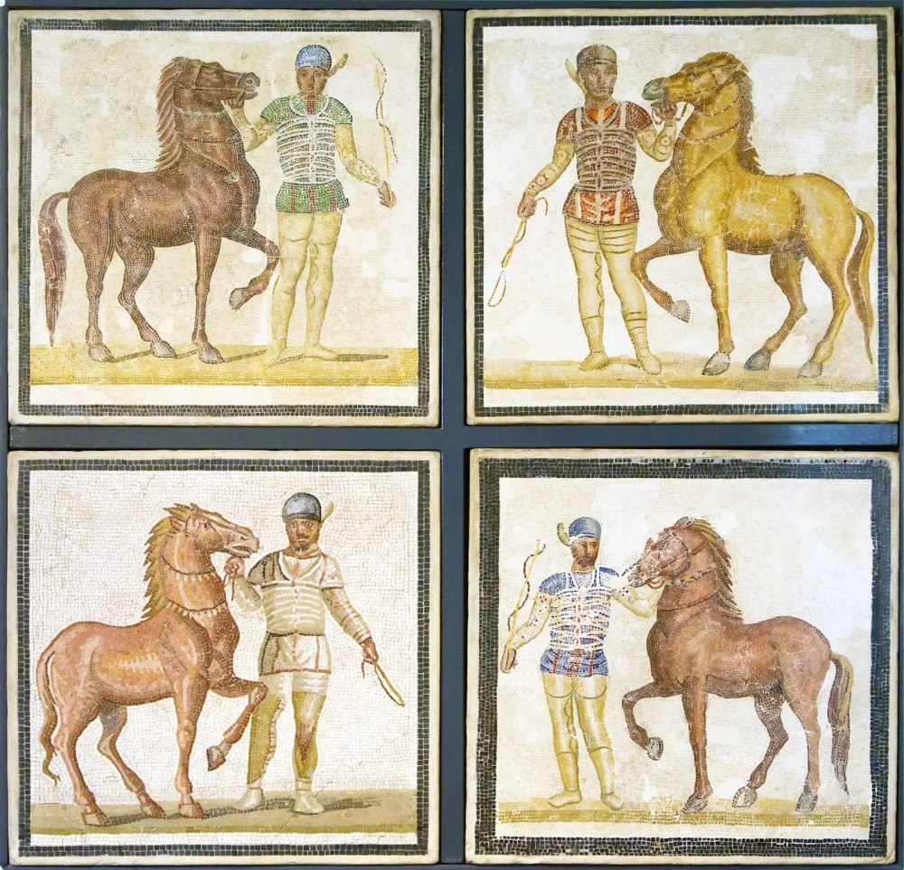 Four roman mosaics representing charioteers and their horses, ready for a race. From Roman National Museum in Rome, Italy/Dreamstime/Legion-media
