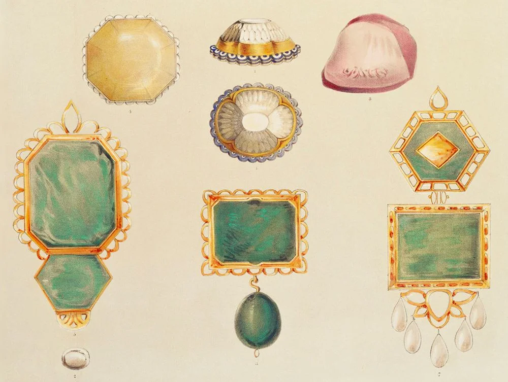 Рубин Тимура (в правом верхнем углу). Фрагмент литографии Эмили Иден, изображающий сокровища Ранджита Синха. 1844 год / Online gallery of the British Library