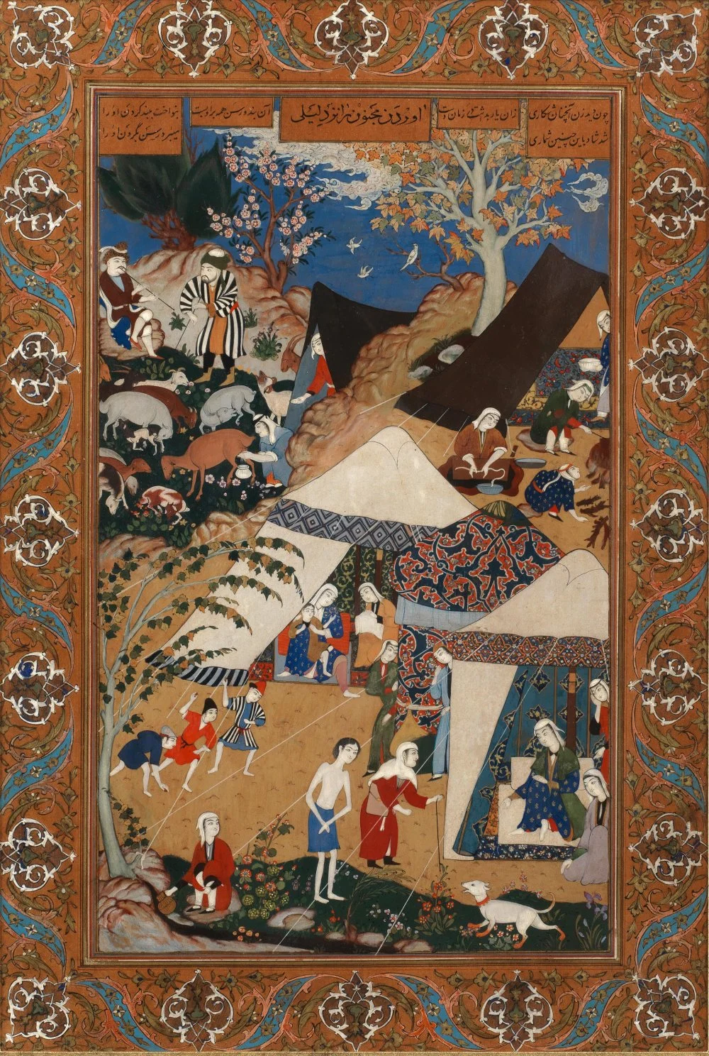 Majnun is brought in chains to Layla's tent. From Nizami's Layla Majnun. Painted by the 16th-century Safavid court artist Mir Sayyid Ali  (Or.2265, f. 157v)/British Library