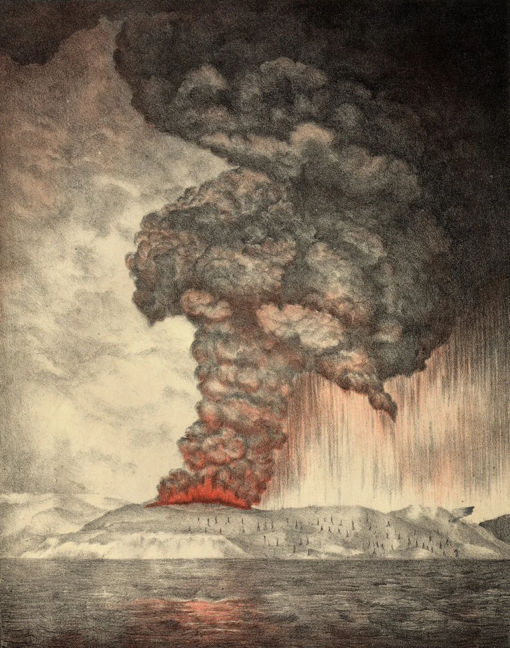  An 1888 lithograph of the 1883 eruption of Krakatoa. 1888 Image published as Plate 1 in The eruption of Krakatoa, and subsequent phenomena. Report of the Krakatoa Committee of the Royal Society (London, Trubner & Co., 1888)/Wikimedia Commons