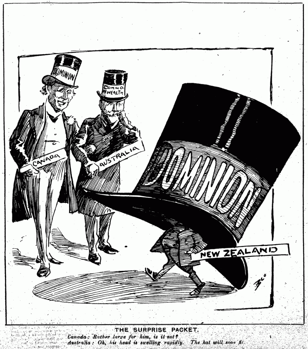 Бломфилд. The New Zealand Observer. Доминион күніне арналған карикатура. 27 қыркүйек, 1907 жыл / Wikimedia Commons