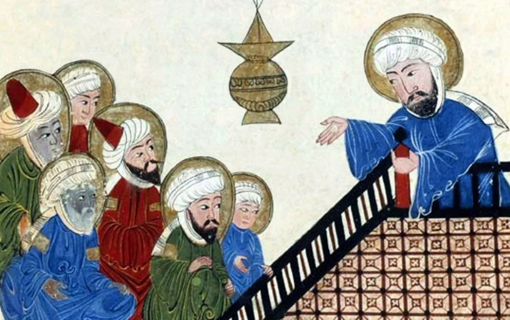 Соңғы намазынан оқыған Мұхаммед. Әл-Бурунидің «Өткен буынның ескерткіштері» туындысындағы анонимді иллюстрация, 14 ғасырдағы Елхан қолжазбасының 17 ғасырда жасалған османдық көшірмесі / Alamy