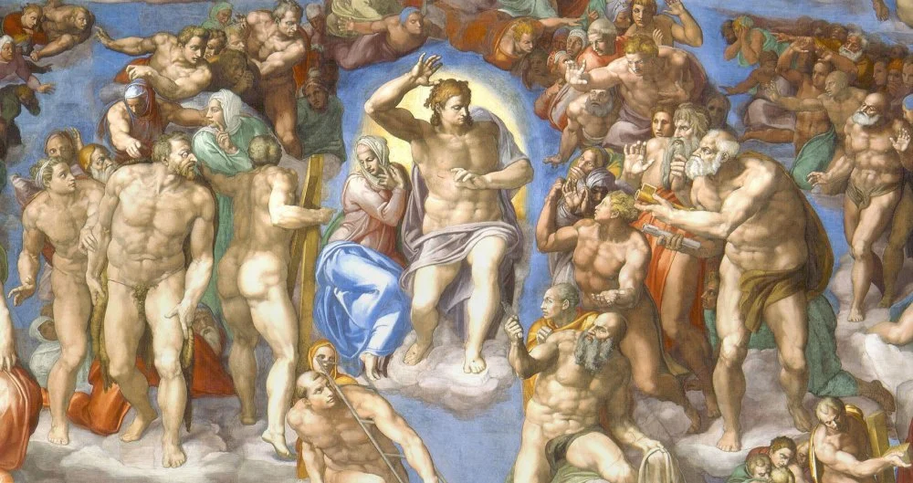 Фрагмент фрески «Страшный суд» Микеланджело. Христос в пурпурной тоге. Рядом Дева Мария. Сикстинская капелла, Ватикан, 1537—1541/Wikimedia commons