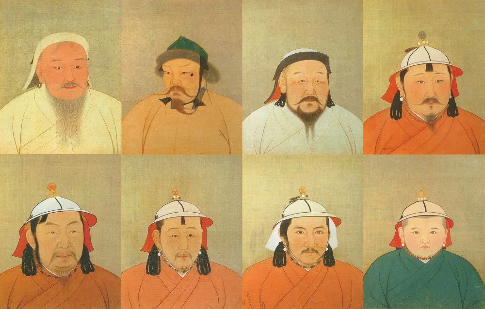 Genghis Khan (top left), Ögedei Khan (top middle-left), Kublai Khan (top middle-right), Temur Khan (top right), Buyantu Khan (bottom left), Külüg Khan (bottom middle-left), Jayaatu Khan Tugh Temur (bottom middle-right), Rinchinbal Khan (bottom right)/Giorgiomonteforti/Wikimedia Commons