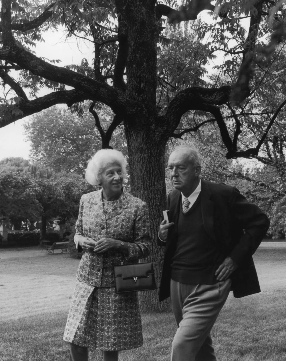 Russian-born writer Vladimir Nabokov (1899 - 1977) and his wife, Vera, walk in the park at Montreux Palace Hotel, where they lived, Switzerland/Horst Tappe/Getty Images
