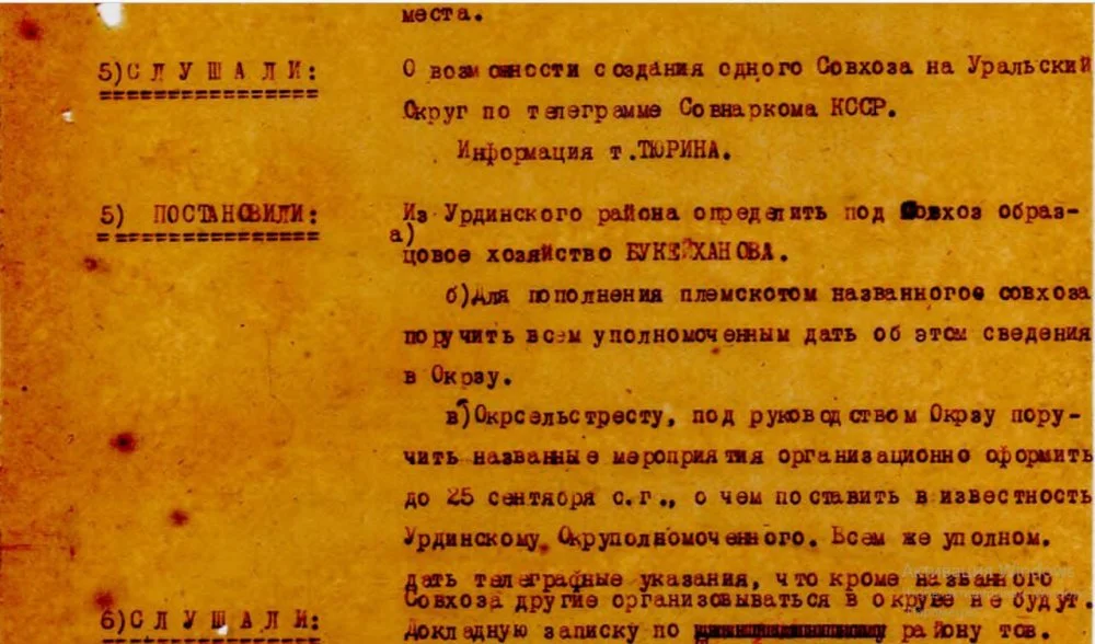Постановление о создании совхоза на базе хозяйства Махамбета Бокейханова. 17 сентября 1928 года / Государственный архив Западно-Казахстанской области / Предоставлено автором