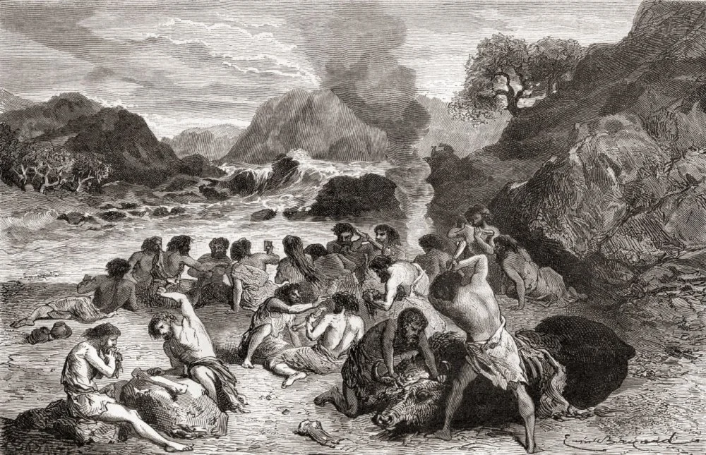 Neanderthal man feasting on their kill during prehistoric times. From L'Homme Primitif, published 1870/Alamy