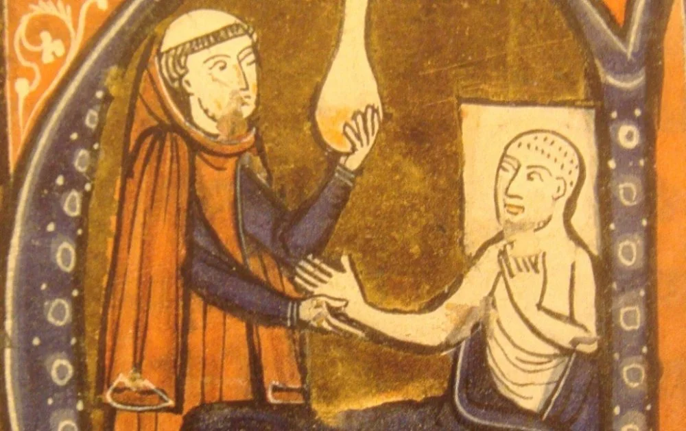 A doctor (possibly Al-Razi) examines a patient's urine. Medieval European miniature. 13th century / Wikimedia Commons