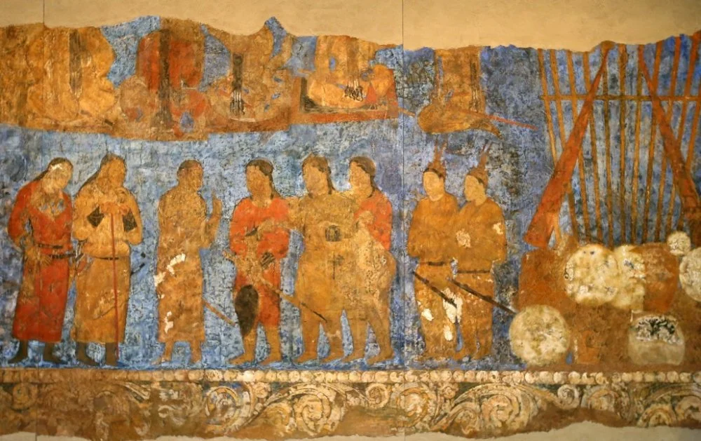 Афрасиабтың елшілік сарайының қабырғасындағы жазу. 7 ғасыр. Самарқан / Wikimedia Commons