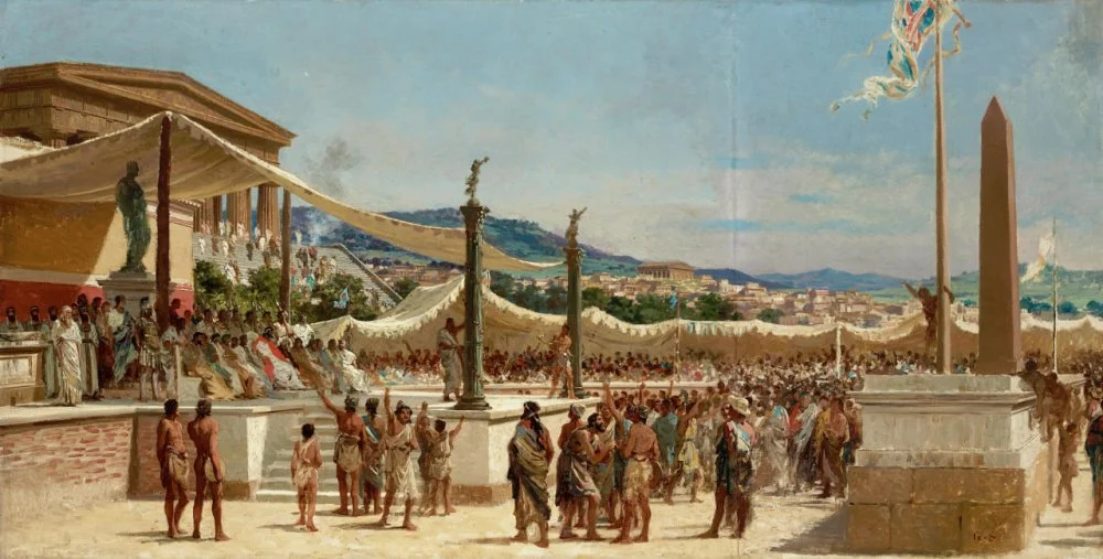 Giuseppe Sciuti Titus. Quinctius offers the liberty to the Greeks. 1879 Painting showing the period of II Macedonian war/Wikimedia commons