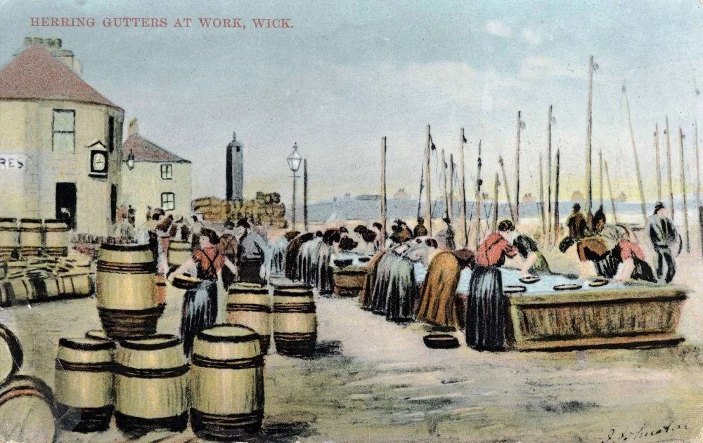 Postcard showing the herring gutters at work in Wick Harbour (Courtesy of Am Baile) 