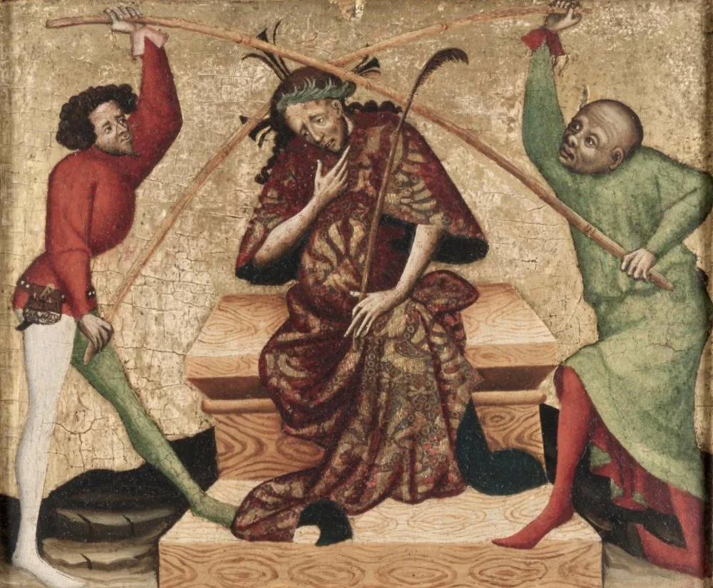 Здоровый и больной(справа) человек пытают Христа перед распятием. Больной внешне напоминает сифилитика. Часослов начала 15 века/Wikimedia commons