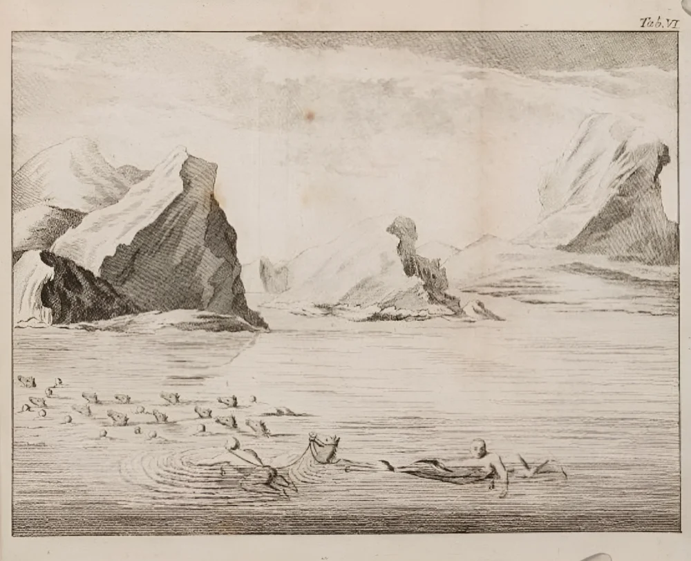 John Castle. Crossing of Castle, tied to a horse’s tail, through a lake. Illustration from the book «Diary of a Journey in 1736 from Orenburg to Abulkhair, Khan of the Kirghiz-Kaisak Horde»