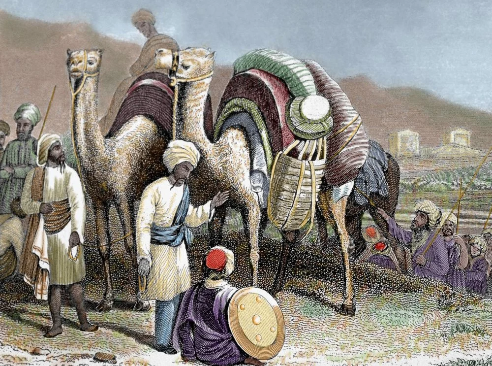 Түйелі керуеннің тынығуы. Антиохия. Түрлі-түсті гравюра, 19-ғасыр / Getty Images