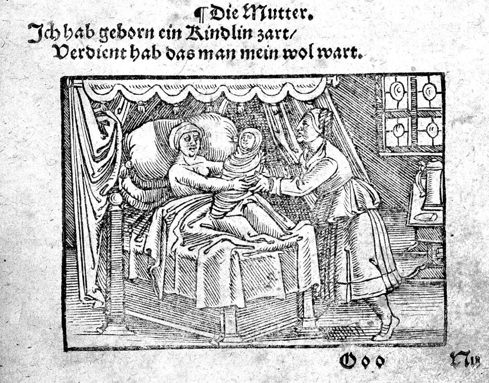 Mother being handed a swaddled child, 16th century/Wikimedia Commons