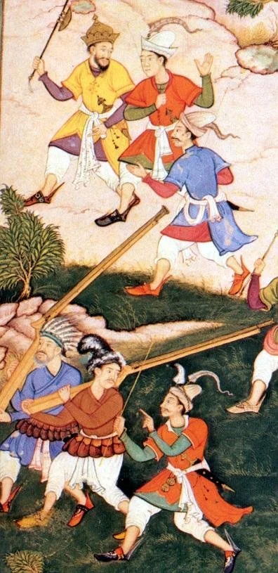 Babur’s warriors depicted in Babur as illustrated in the Baburnama (16th century)/Wikimedia Commons 