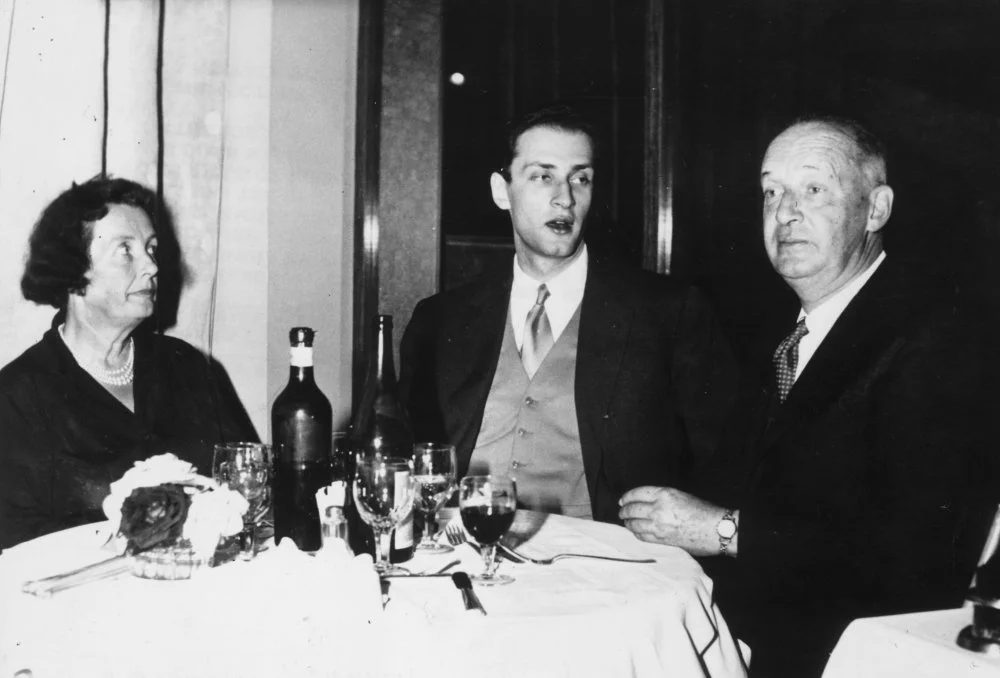 Dimitri (centre) and his father Vladimir Nabokov (1899 - 1977)dining out after Dimitri's debut as an opera singer at the Communale Theatre, Reggio Emilia, northern Italy. Vladimir Nabokov is the author of 'Lolita'/Getty Images