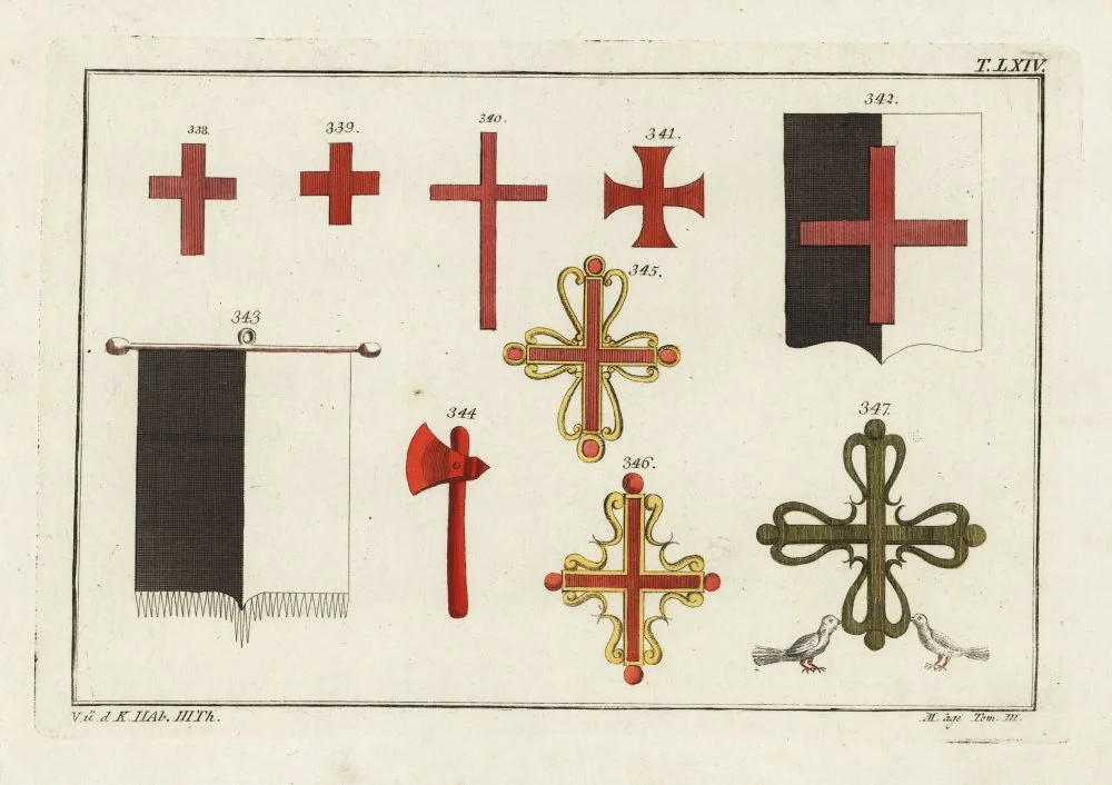 Crosses of various orders of Knights Templar. Copied from Jacques Charles Bar's Costumes des ordres religieux et militaires, 1778. /Getty Images